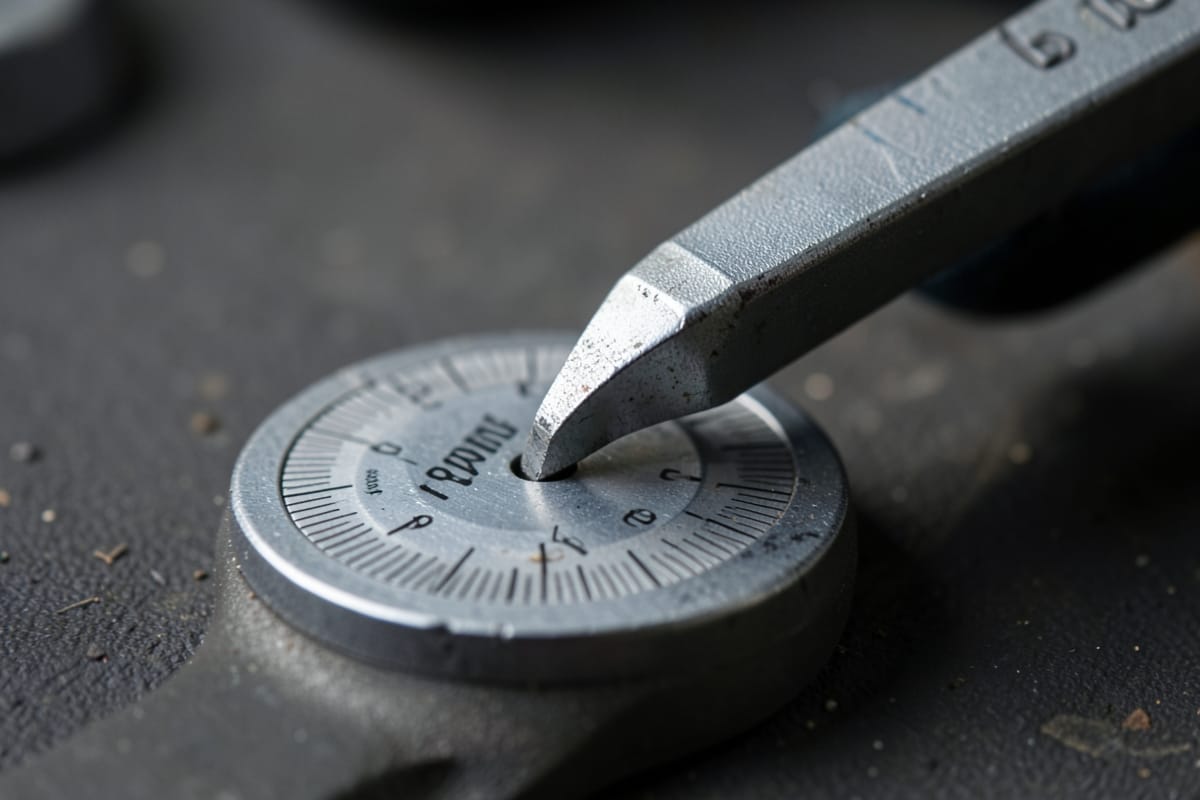 Pointer tip of a beam torque wrench over its scale plate