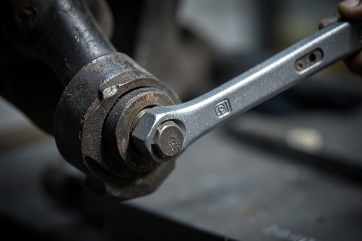 1/2-inch torque wrench on a suspension bolt under a car