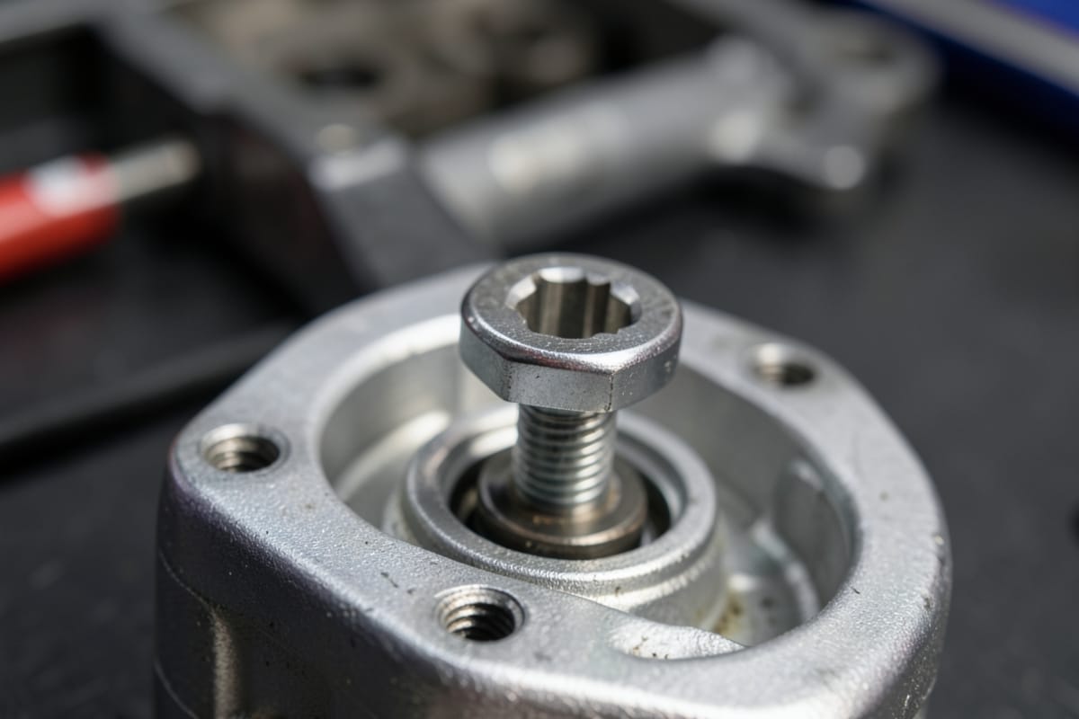 3/8-inch torque wrench on a spark plug in an aluminum cylinder head