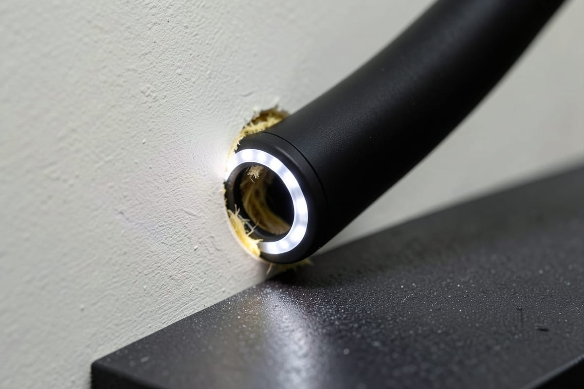 Inspection camera probe entering a small drilled hole in drywall