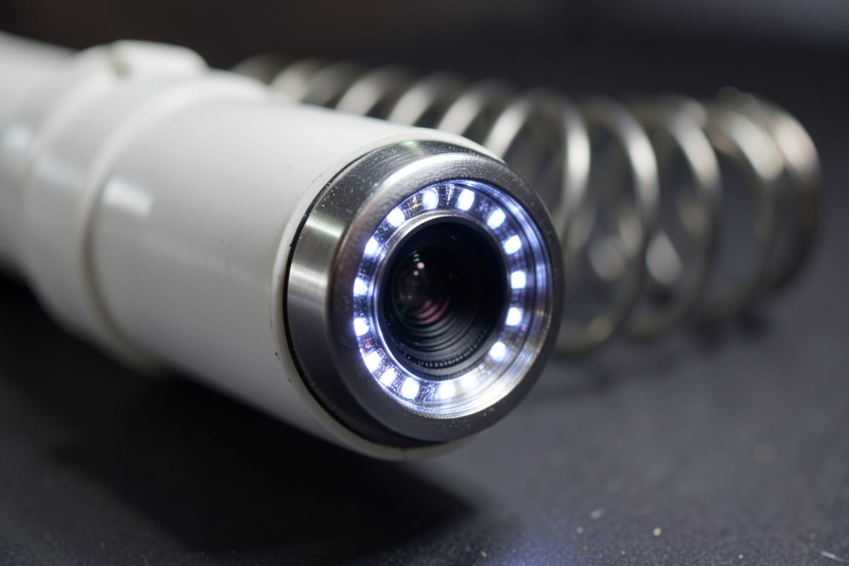 Stainless sewer camera head at the mouth of a PVC pipe