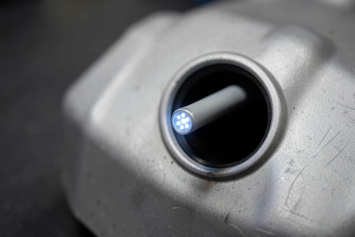 Inspection camera probe entering a small port on a metal engine casing