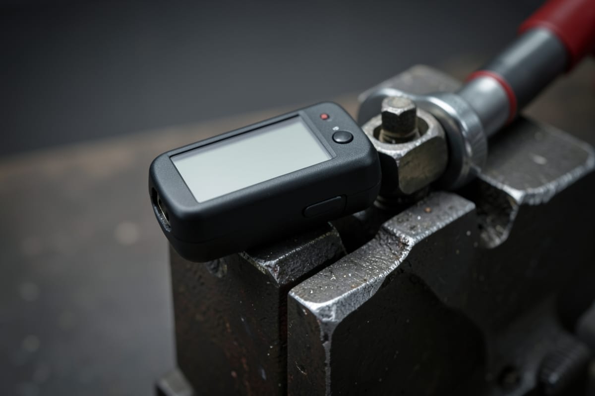 Digital torque adapter between a torque wrench and a bolt held in a vise