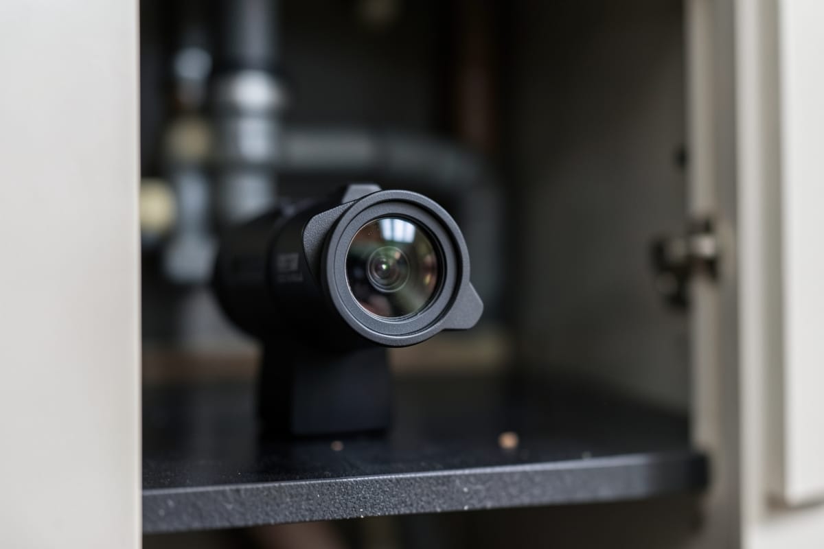 Inspection camera head with a mirror attachment inside a cabinet