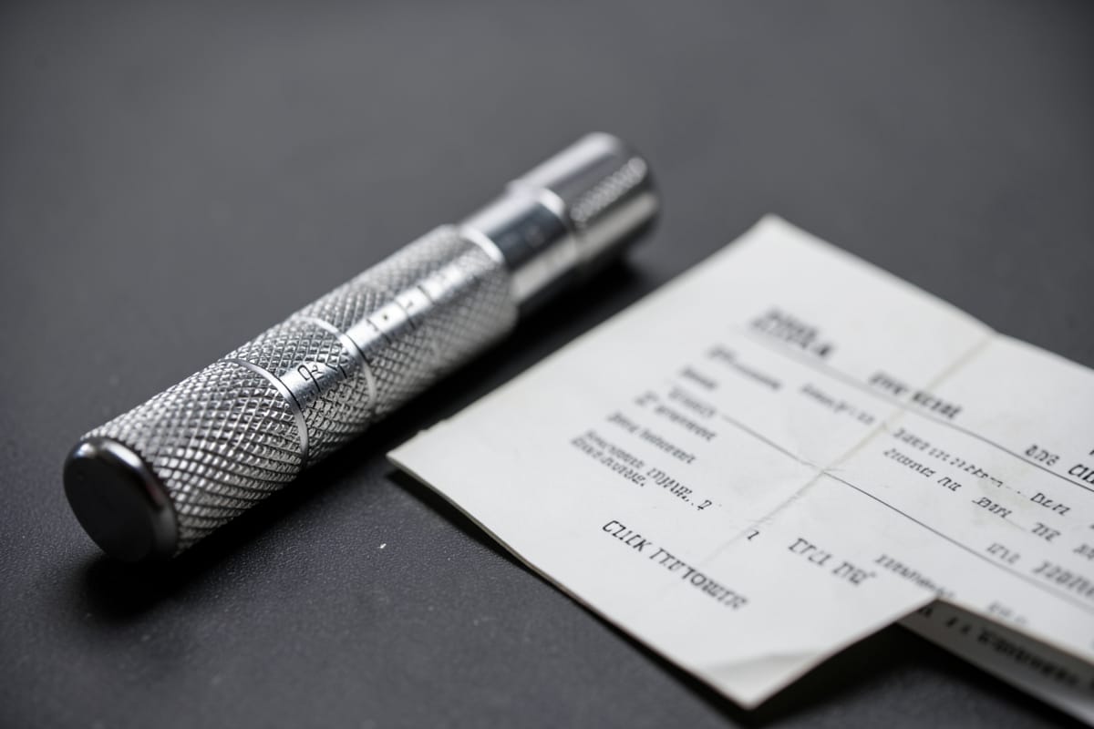 Micrometer torque wrench handle beside a folded calibration certificate