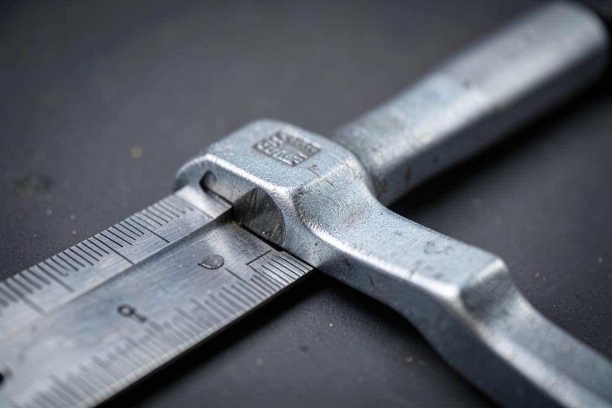Steel rule measuring a crowfoot wrench from the drive to the opening