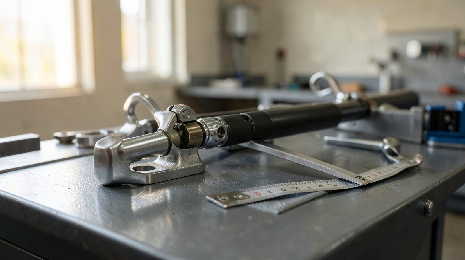 Torque wrench with a crowfoot wrench on a line fitting, tape measure beside it